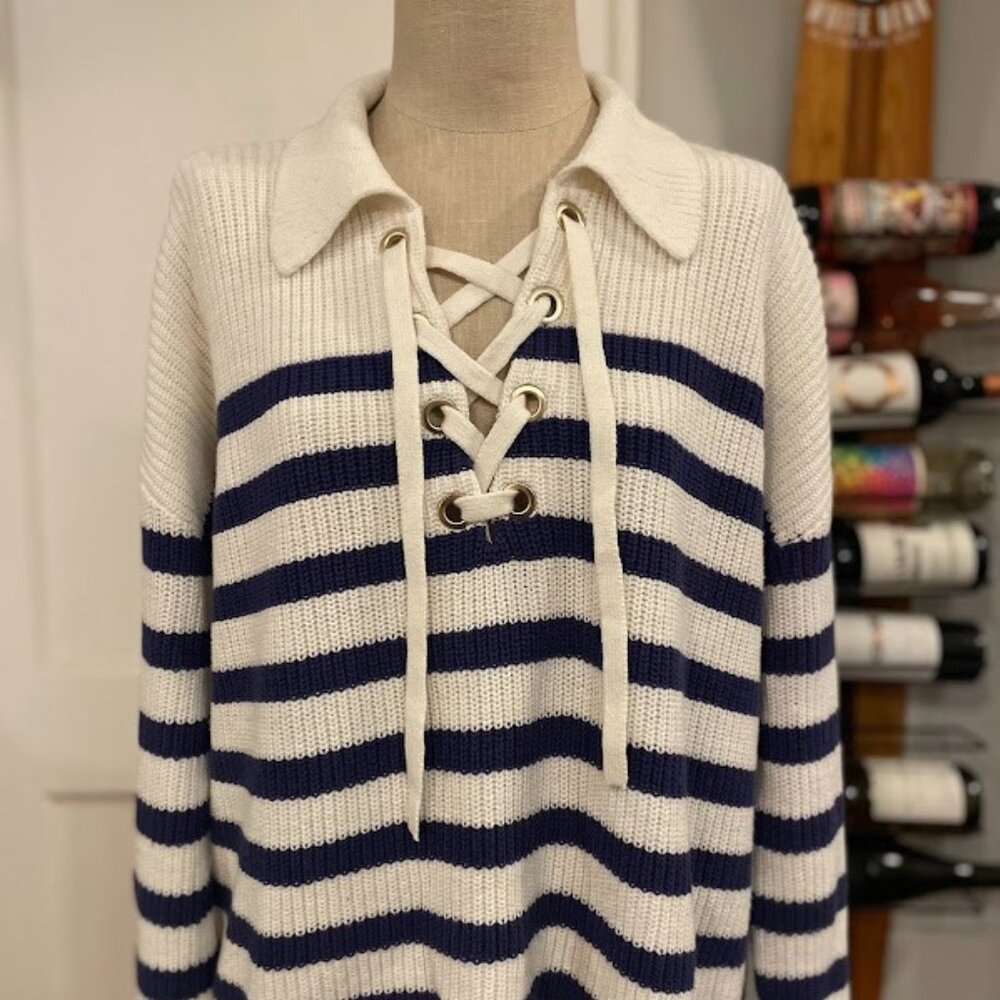 Ann Taylor Loft Collared Lace-up Striped Knit Sweater Womens M Nautical Coastal